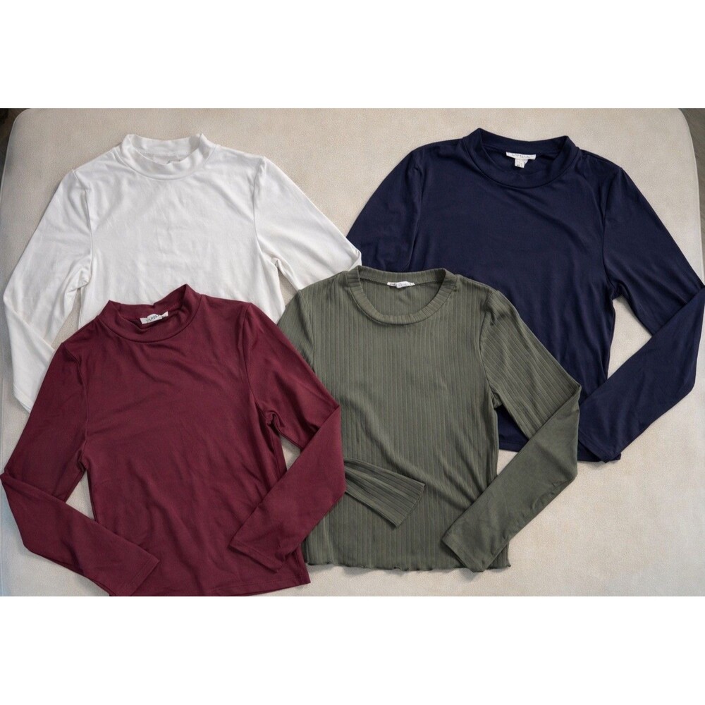 Bundle of 4 Women’s Long Sleeve Tops Mock Neck Ribbed Basics